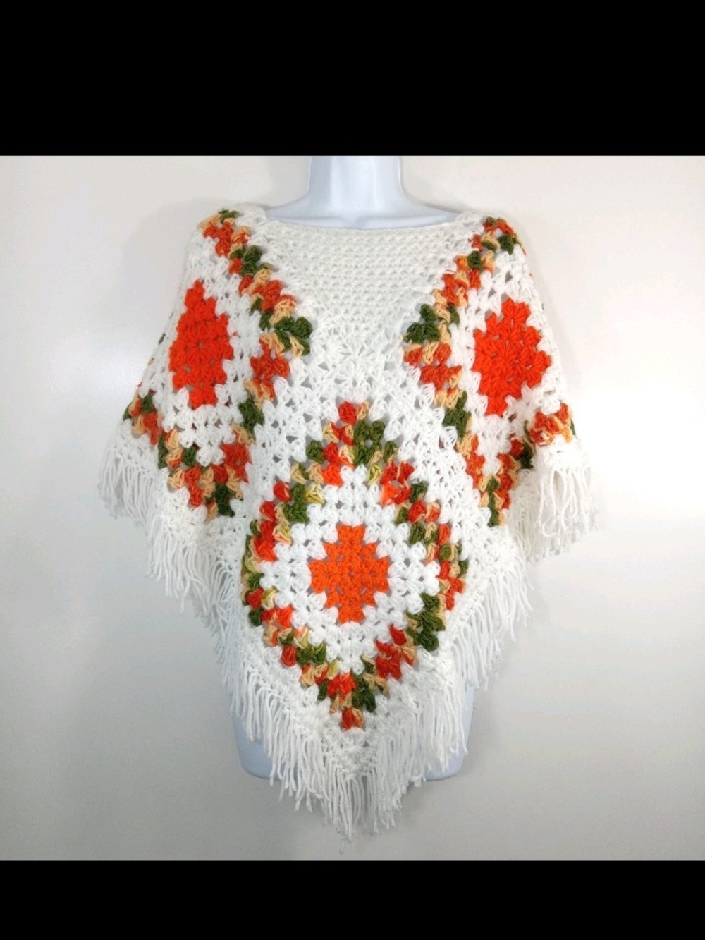 Vtg Hand-Crocheted White Poncho with Orange & Green Accents